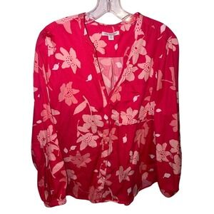 Free Assembly Womens Red Pink Floral Button Down Blouse Long Sleeve Size Medium